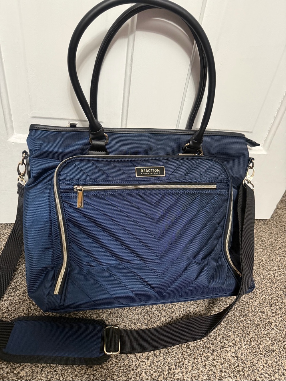 Reaction Kenneth Cole Quilted Navy Shoulder Tote with Gold Hardware
